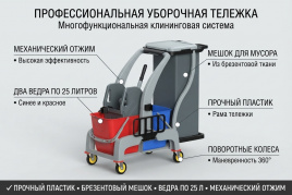 Профессиональная уборочная тележка двухведерная 2x25 л с отжимом и мусорным мешком (пластиковая рама)