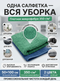 Салфетка микрофибра 50*100 см плотность 350 гр/м2 (СИНЯЯ+ЗЕЛЕНАЯ)  2 штуки