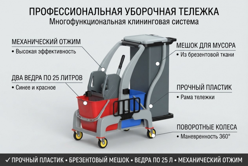 Профессиональная уборочная тележка двухведерная 2x25 л с отжимом и мусорным мешком (пластиковая рама) фото 1
