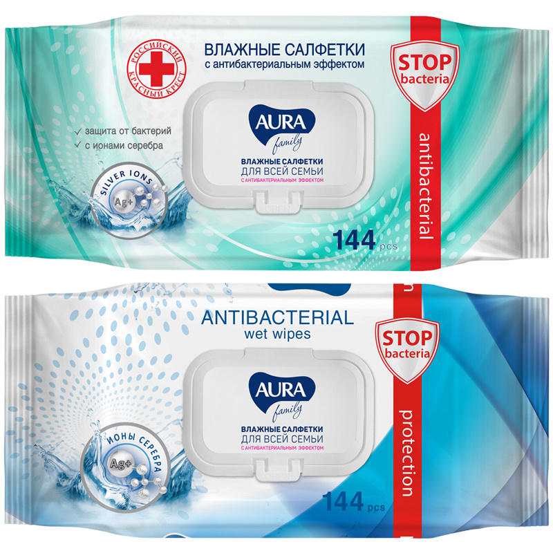 Салфетки влажные Aura FAMILY big-pack 144 шт. антибактертериальные фото 1
