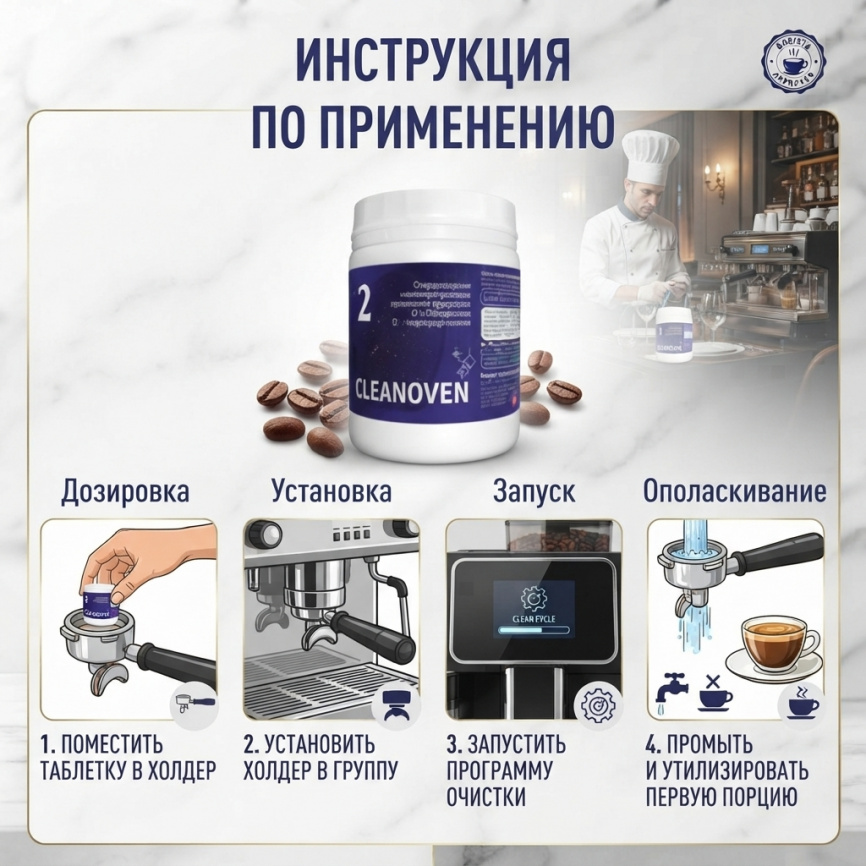 CLEANOVEN 2 Средство таблетированное щелочное для промывки от кофейных масел 100 шт (уп. 8) фото 5