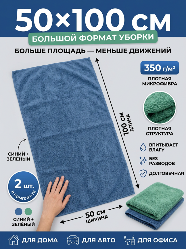 Салфетка микрофибра 50*100 см плотность 350 гр/м2 (СИНЯЯ+ЗЕЛЕНАЯ)  2 штуки фото 1