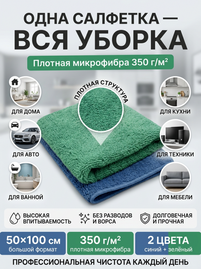 Салфетка микрофибра 50*100 см плотность 350 гр/м2 (СИНЯЯ+ЗЕЛЕНАЯ)  2 штуки фото 2